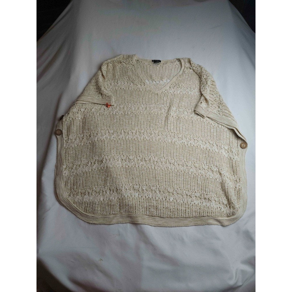 New Directions Poncho Womens Size XL Beige Knit Boho Open Crochet Sweater Dolman